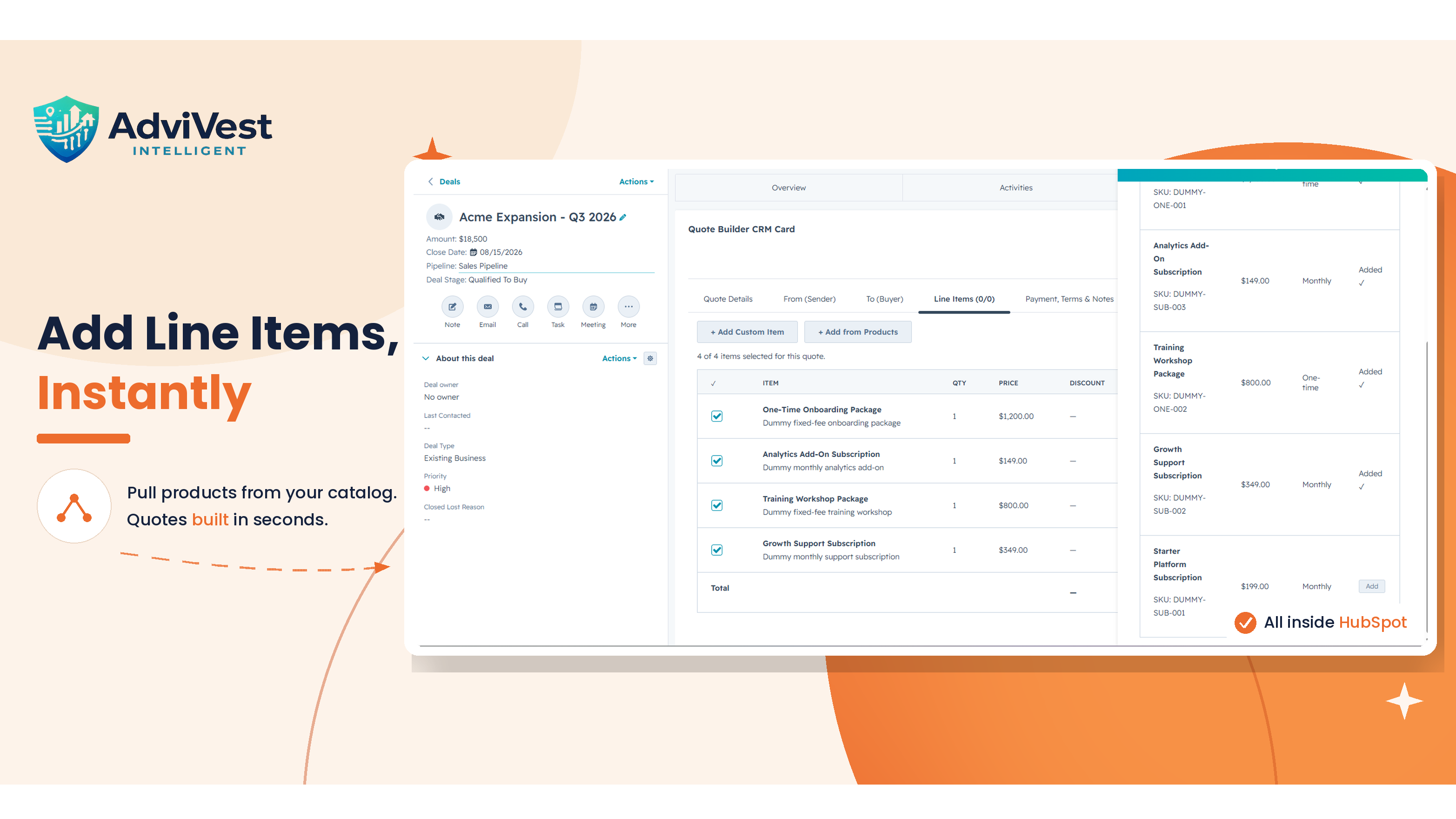 HubSpot product library, or add custom line items