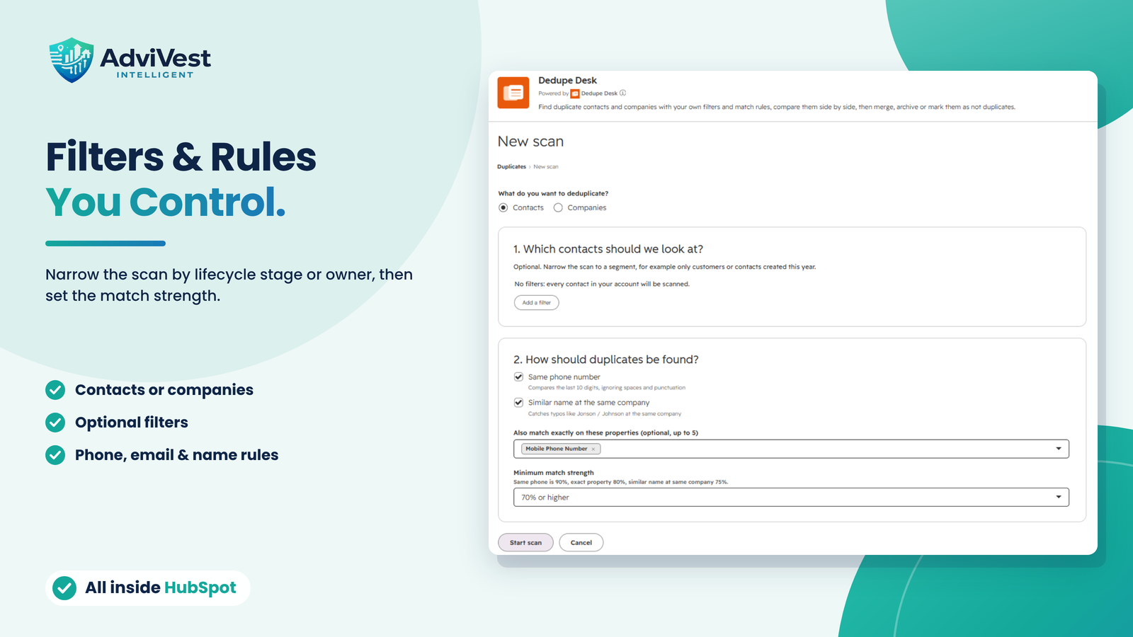 Dedupe Desk New scan screen with options to choose contacts or companies, add filters, set match rules