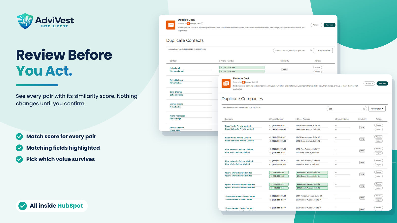 Dedupe Desk lists of duplicate contacts and companies shown as pairs with a similarity score and Review and Reject buttons